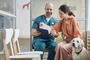 vet talking to dog owner vet talking to dog owner